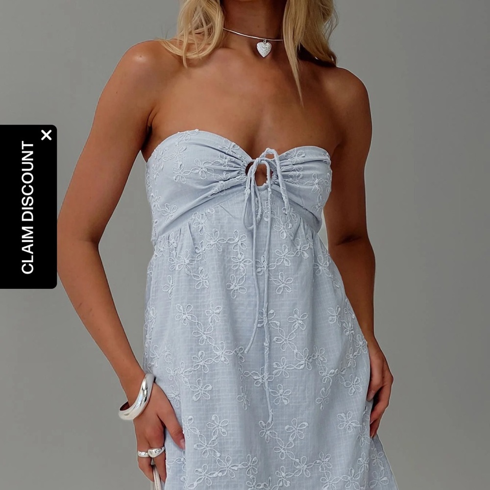 Princess Polly Pale Blue Strapless Embroidered Tie-Front Sundress